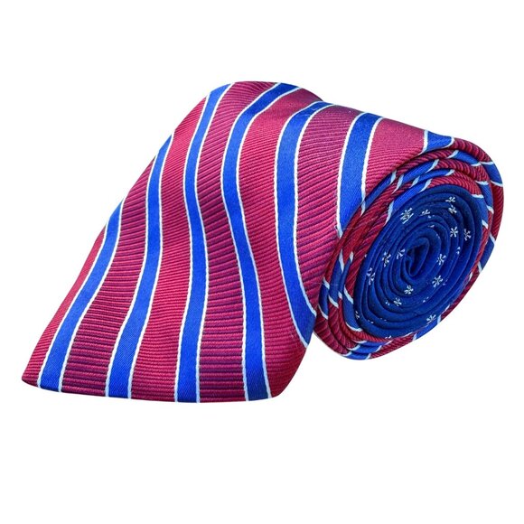 Tommy Hilfiger Mens Red & Blue 100% Silk Reversible Tie Striped & Floral Design - Picture 1 of 8